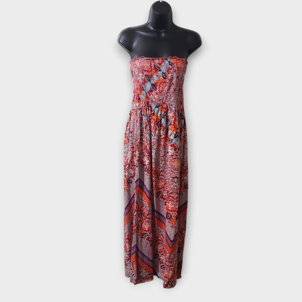 Angie Womens Strapless Smocked Floral Paisley Maxi Dress Red Blue Size Medium